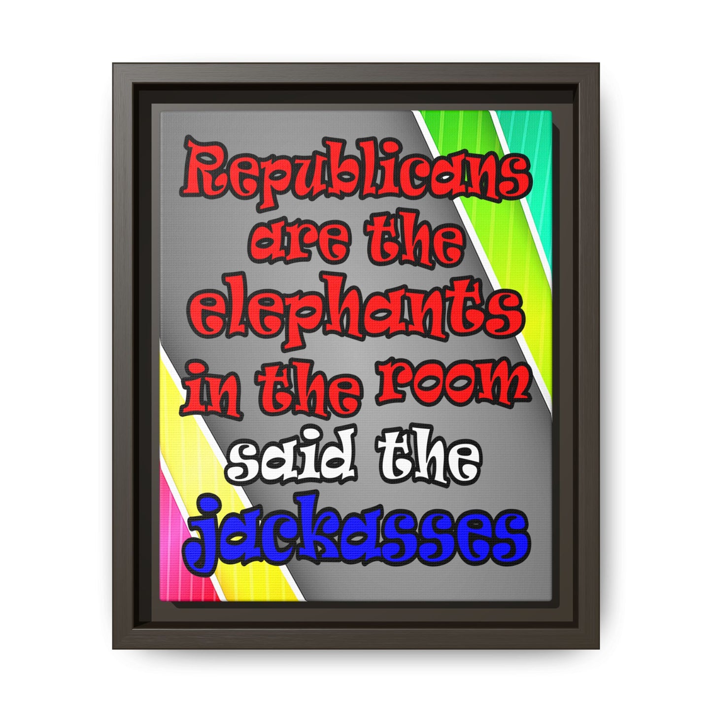 donkeys and elephants - framed canvas art (rainbow split)