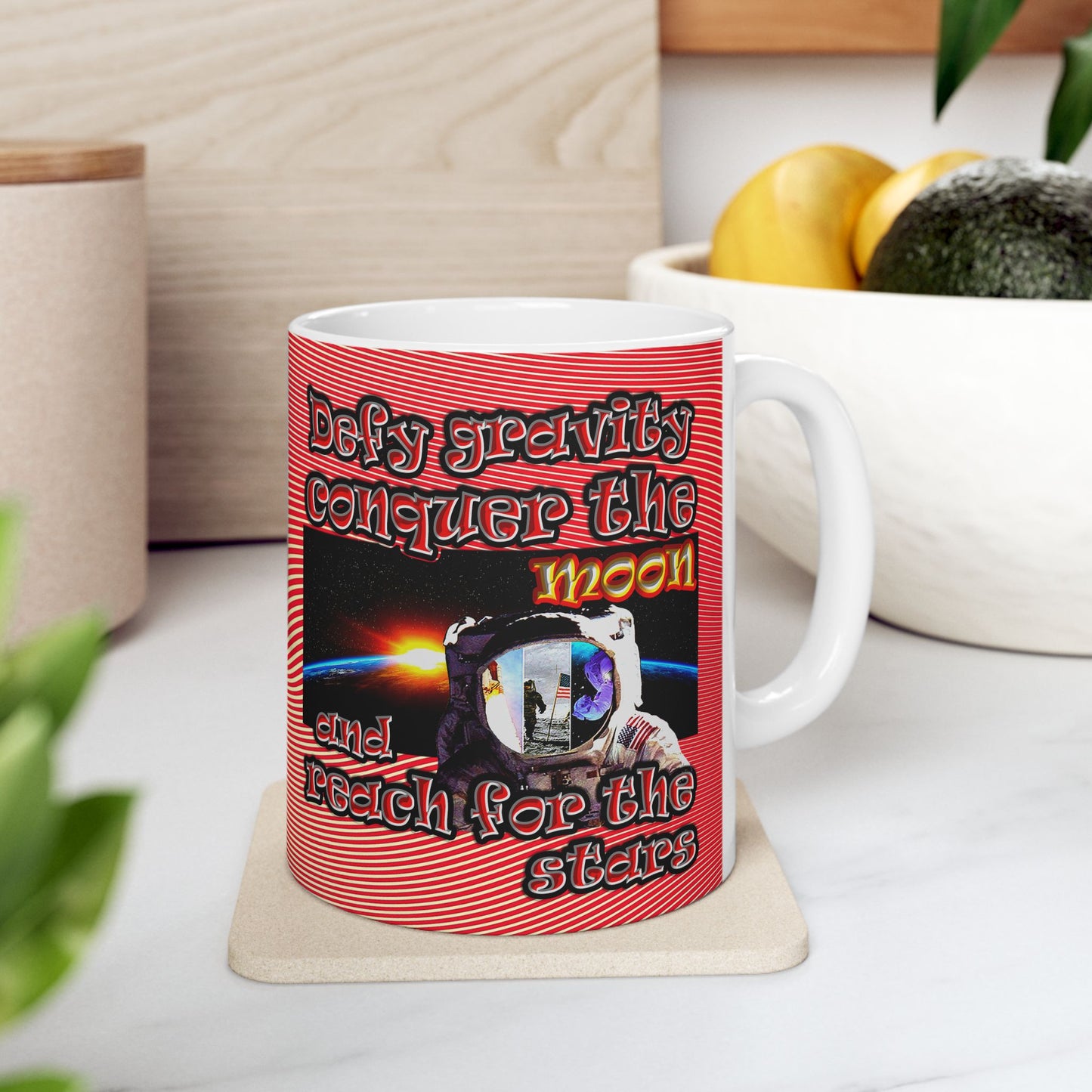 defy conquer reach - White Mug (yellow-orange wave)