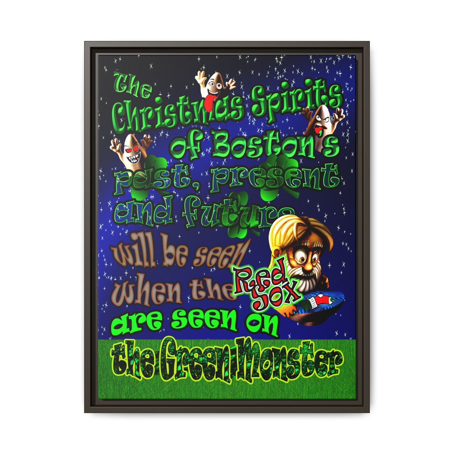 christmas spirits of boston - framed canvas art ('snoops' background)