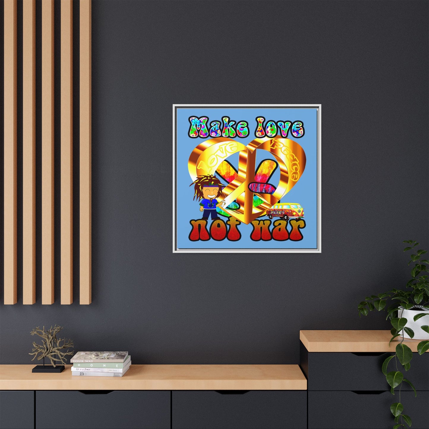 love peace - framed canvas art (light blue)