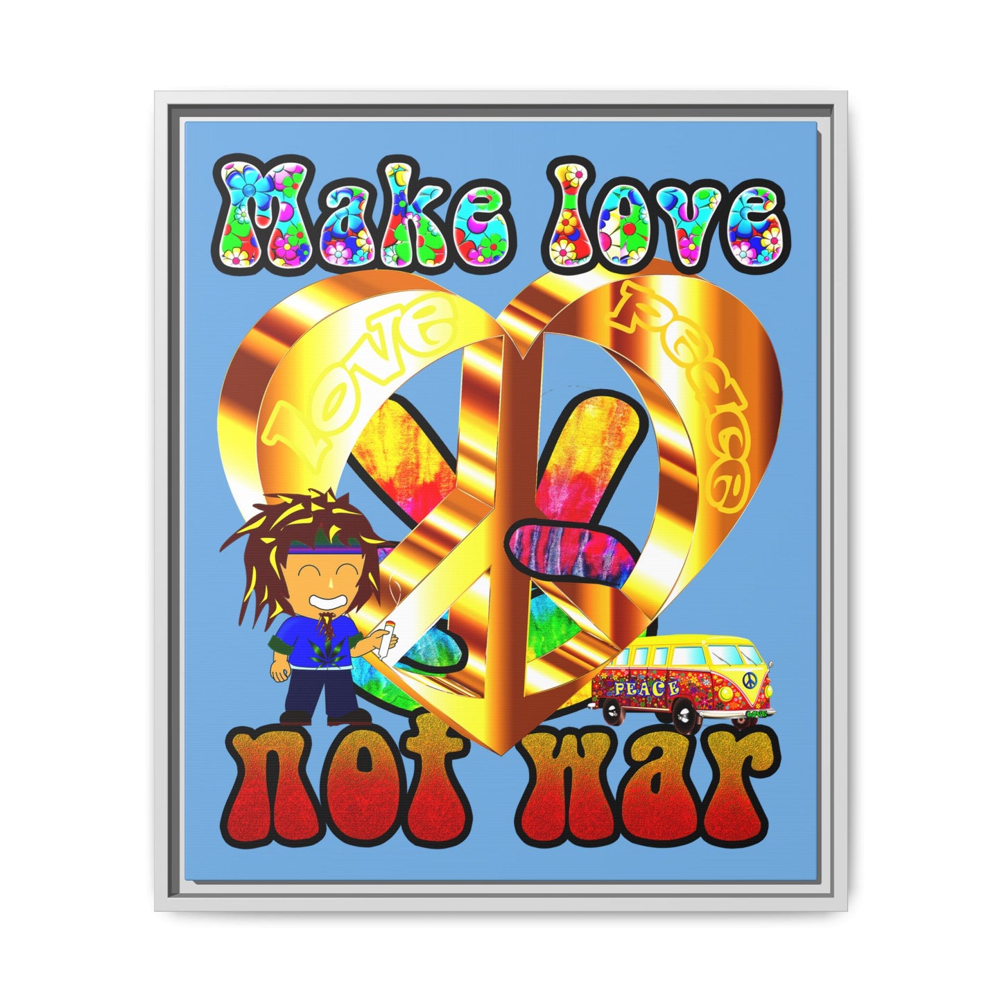 love peace - framed canvas art (light blue)