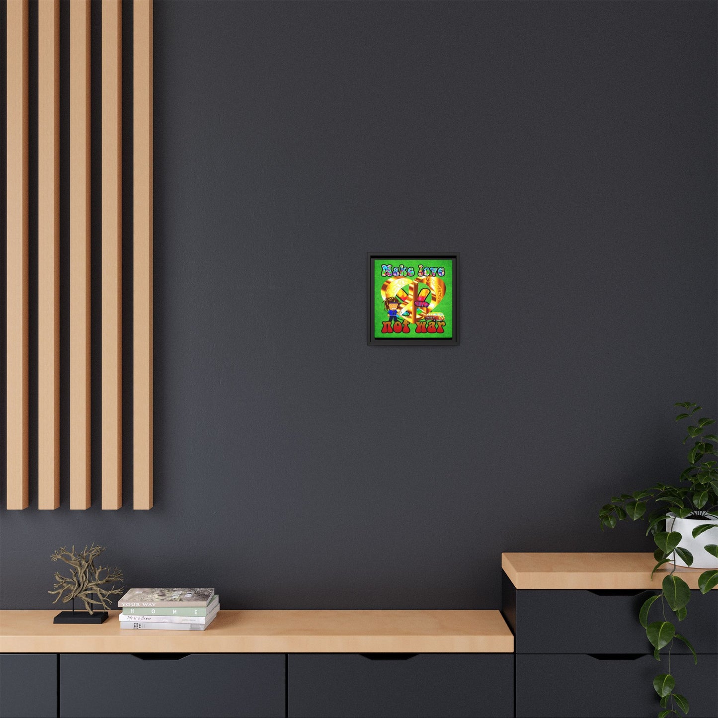 love peace - framed canvas art (green turf)