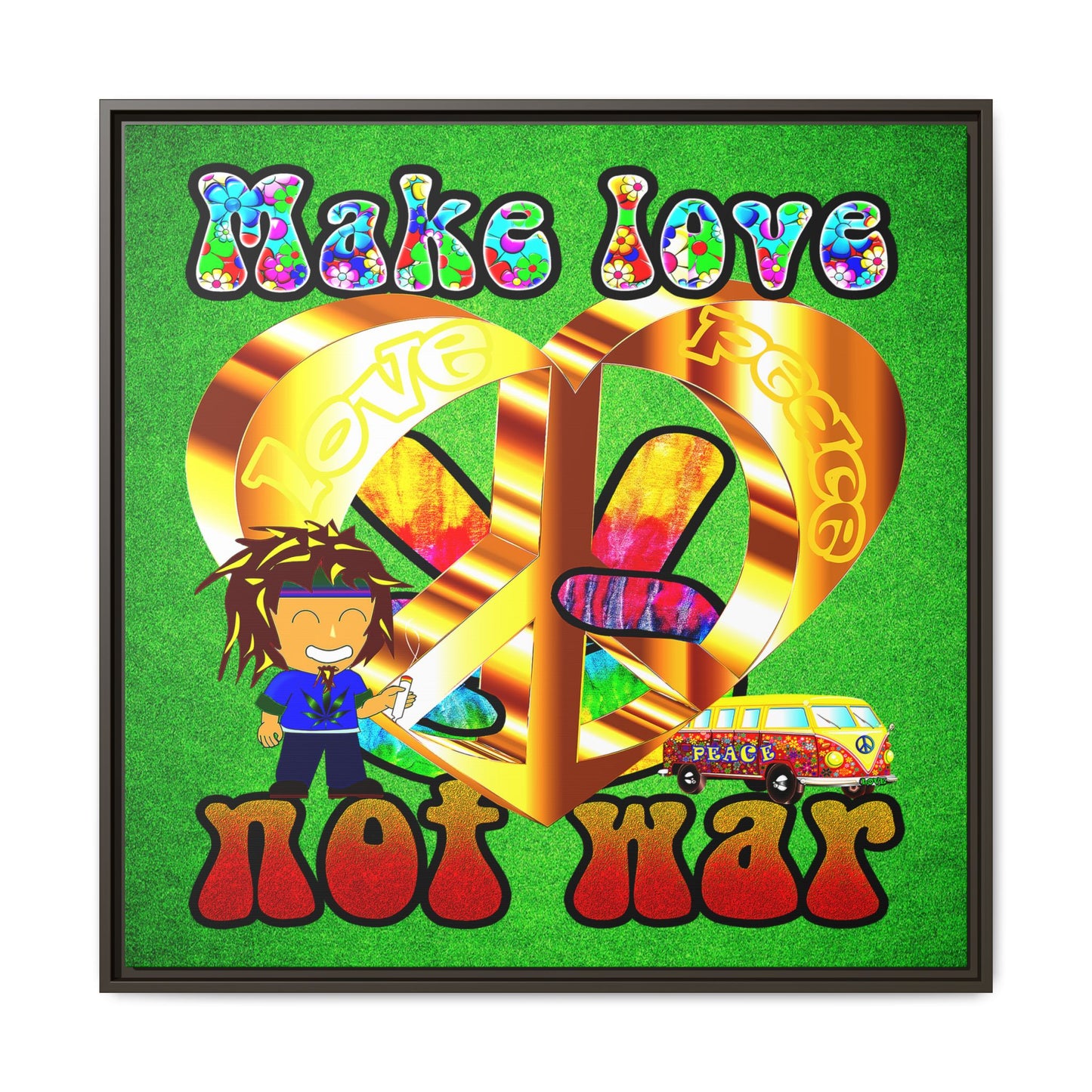 love peace - framed canvas art (green turf)