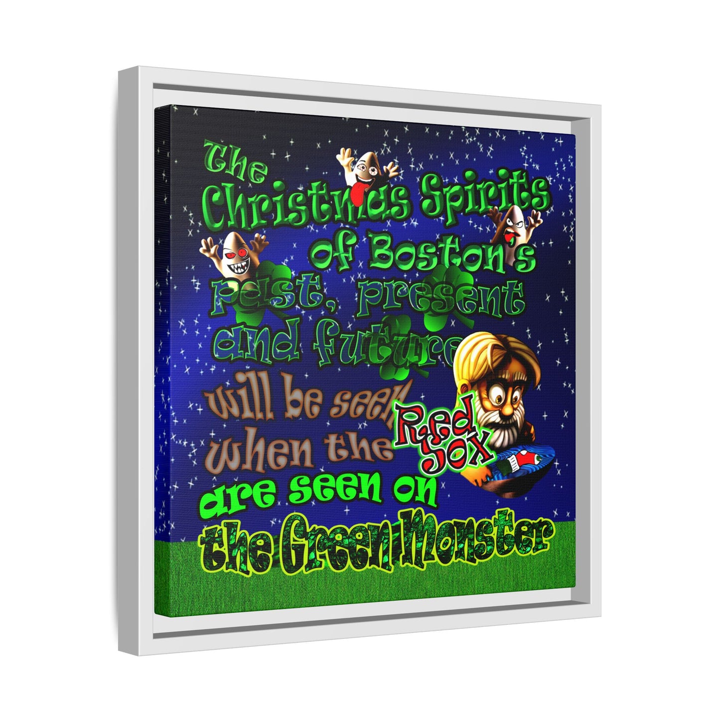 christmas spirits of boston - framed canvas art ('snoops' background)