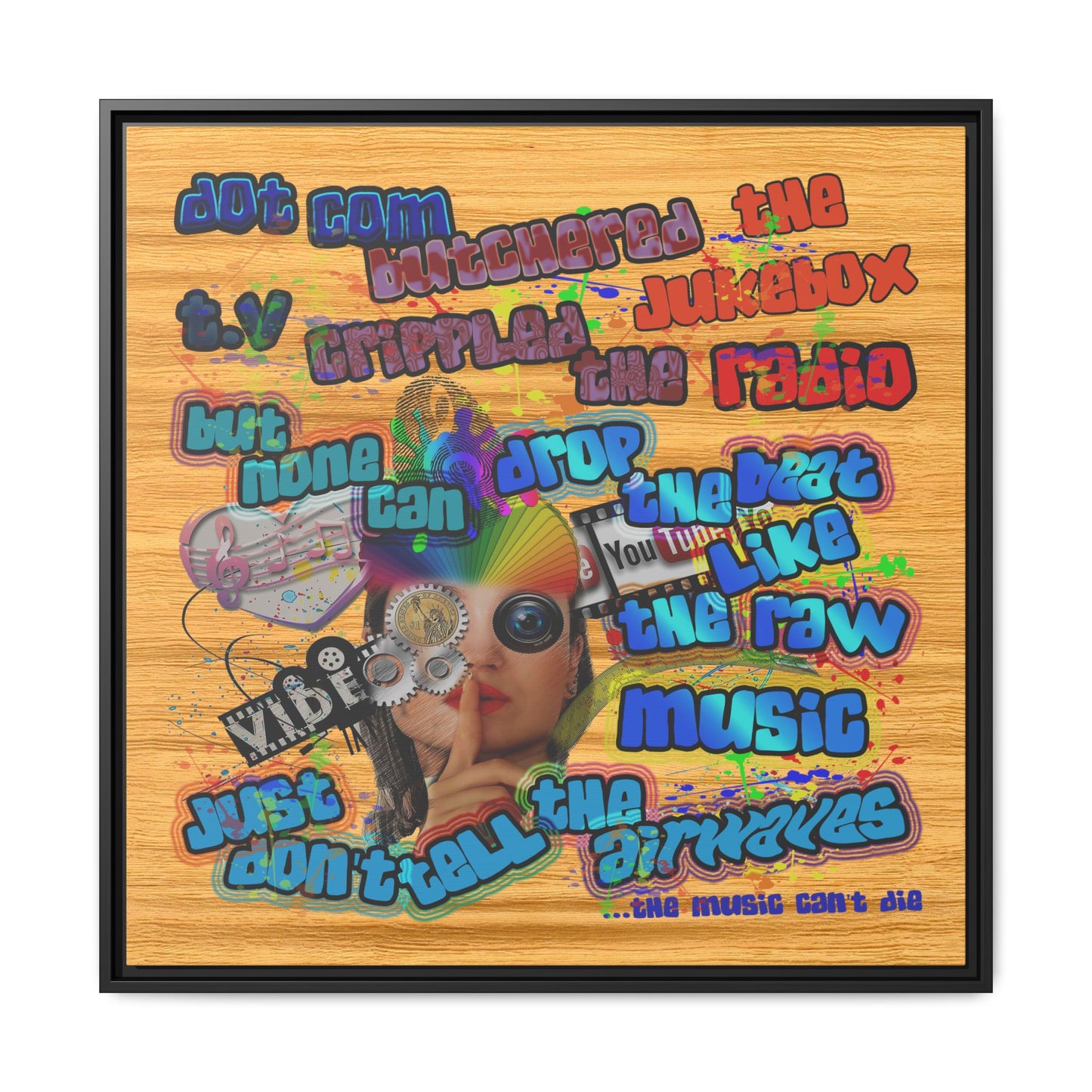 drop the beat - framed canvas art (butterscotch wood finish)