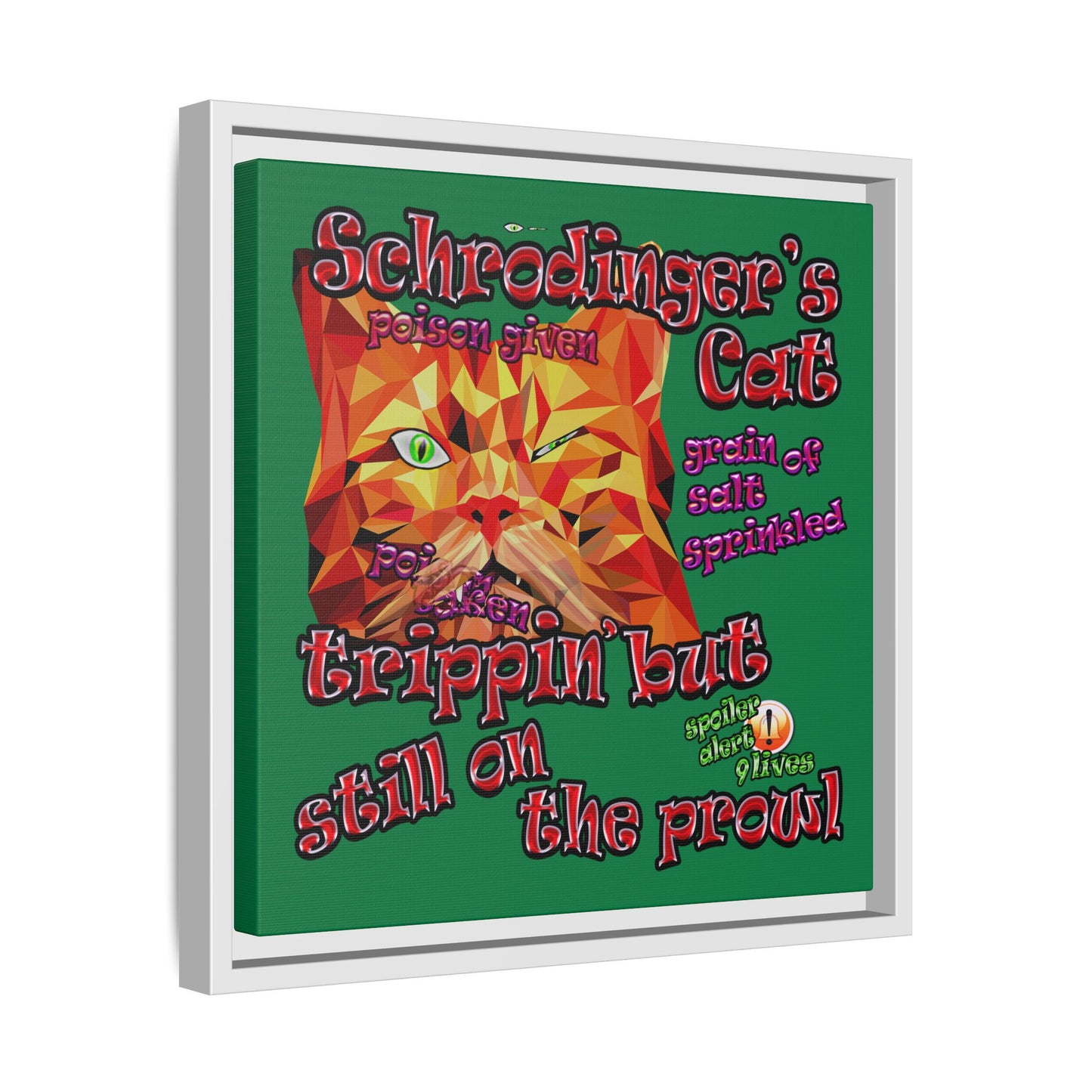 schrodinger's cat - framed canvas art (dark green)