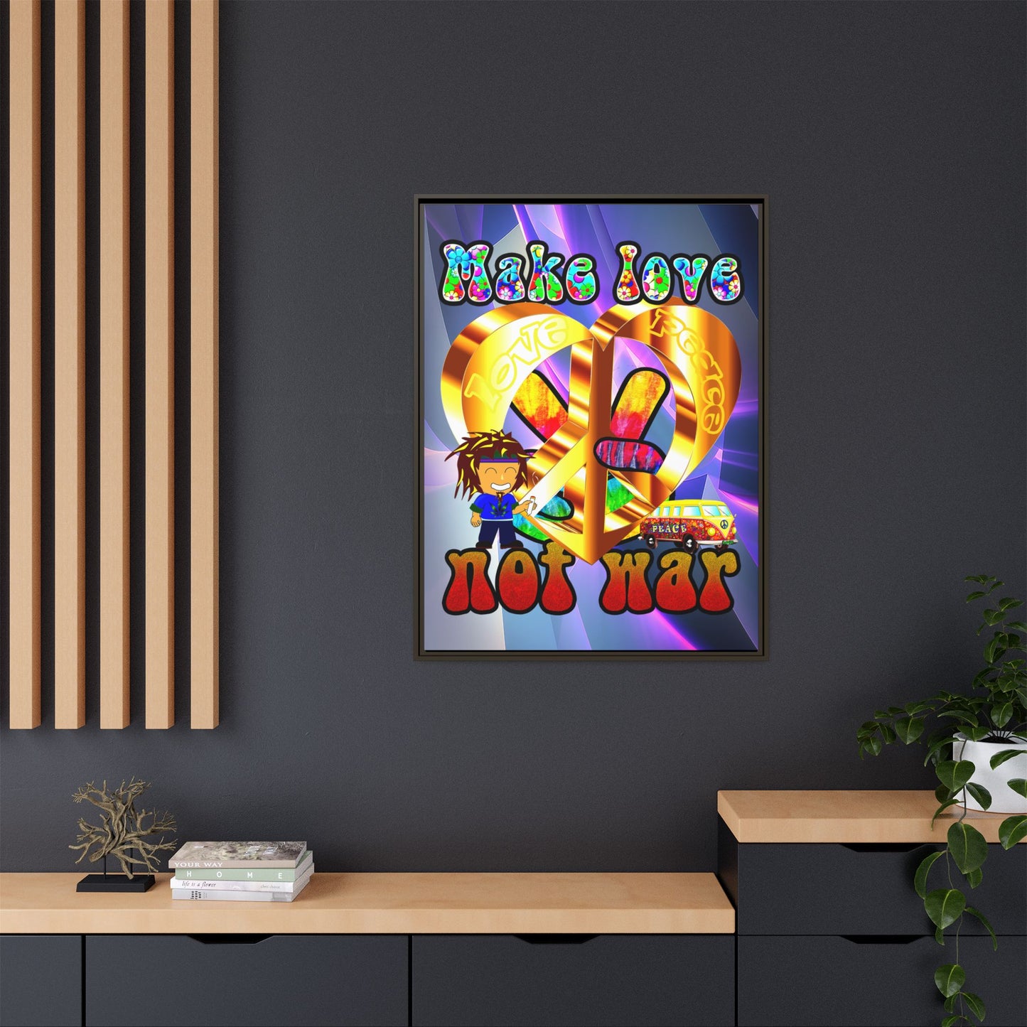 love peace - framed canvas art (grey-pink wave)