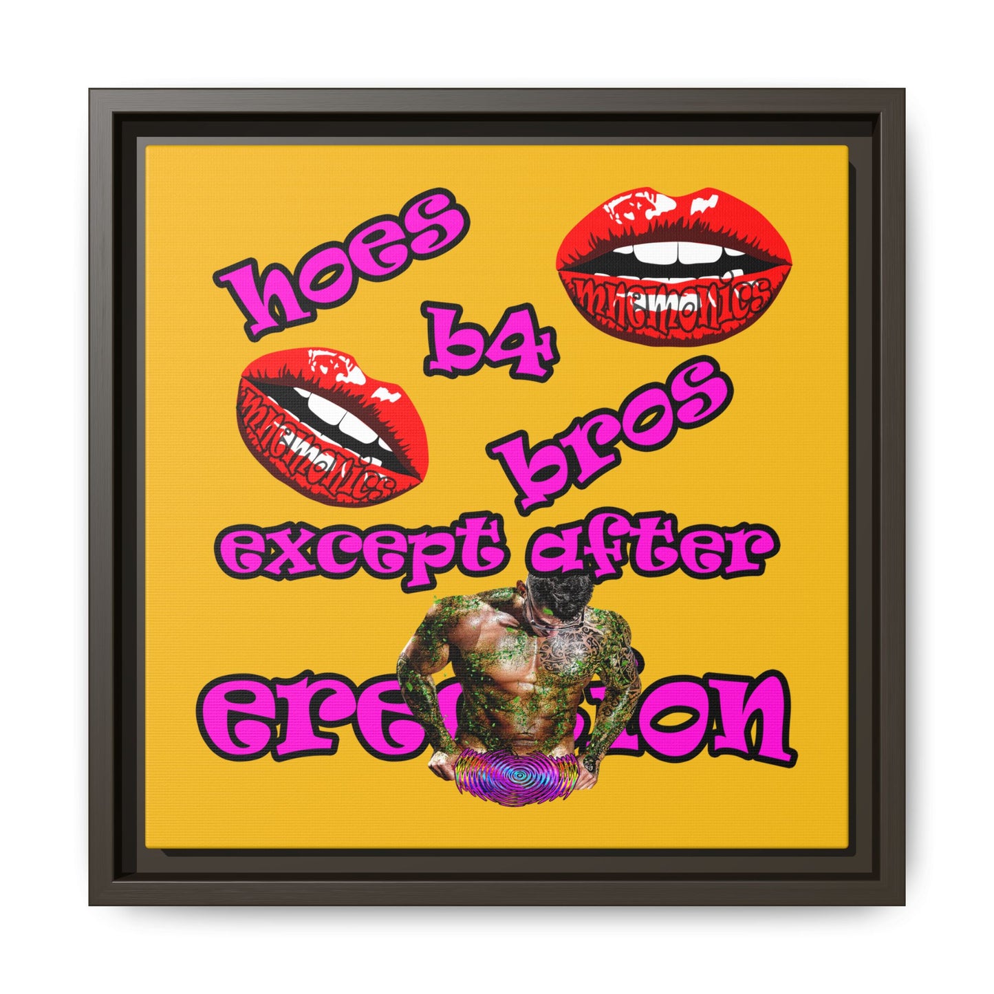 hoes b4 bros - framed canvas art (yellow)