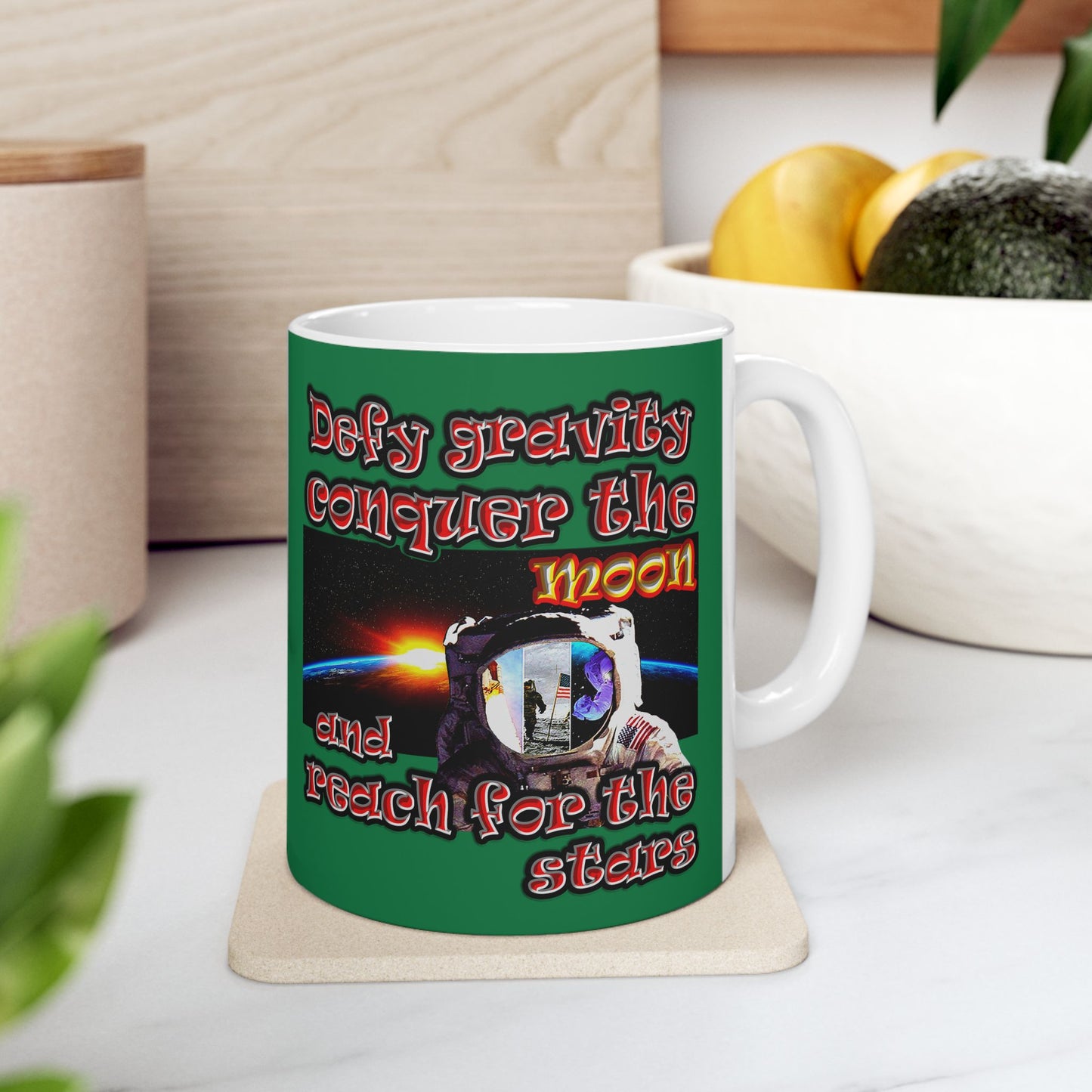 defy conquer reach - White Mug (dark green)