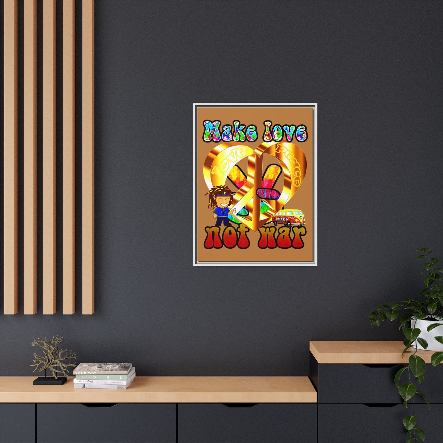 love peace - framed canvas art (light brown)