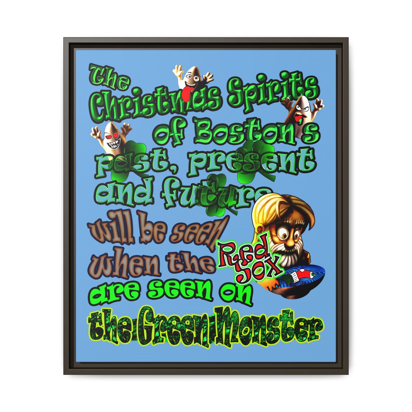 christmas spirits of boston - framed canvas art (light blue)