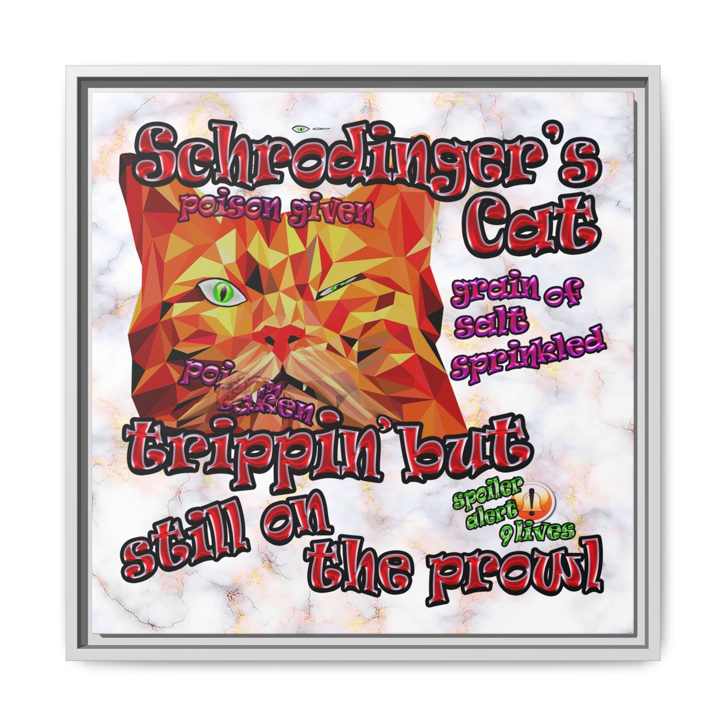 schrodinger's cat - framed canvas art (white marble)