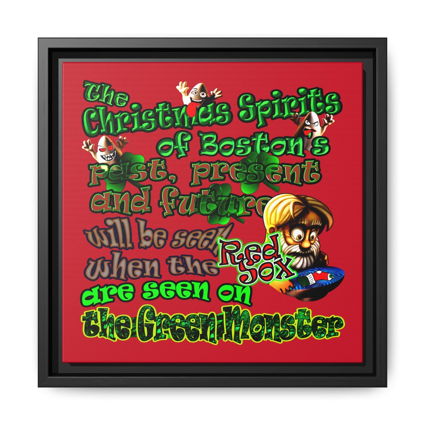 christmas spirits of boston - framed canvas art (dark red)