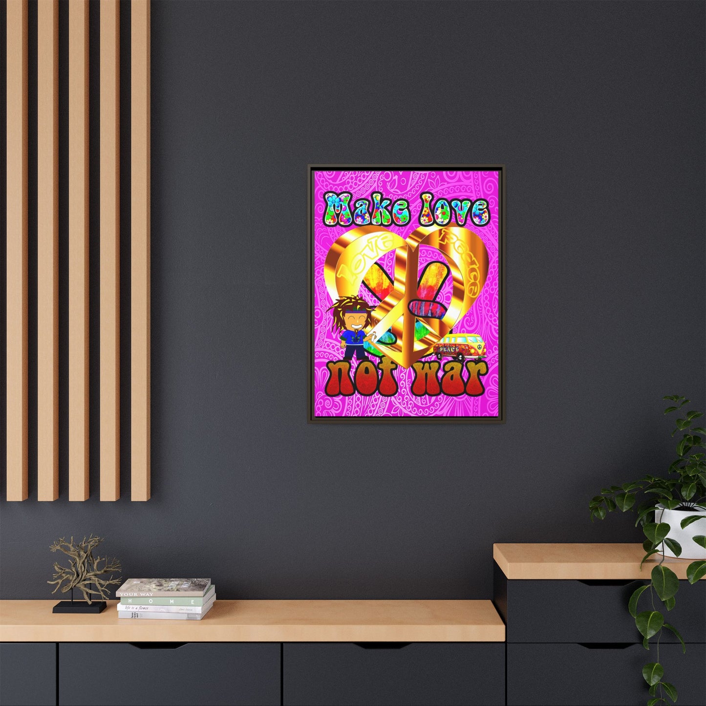 love peace - framed canvas art (pink swirl)
