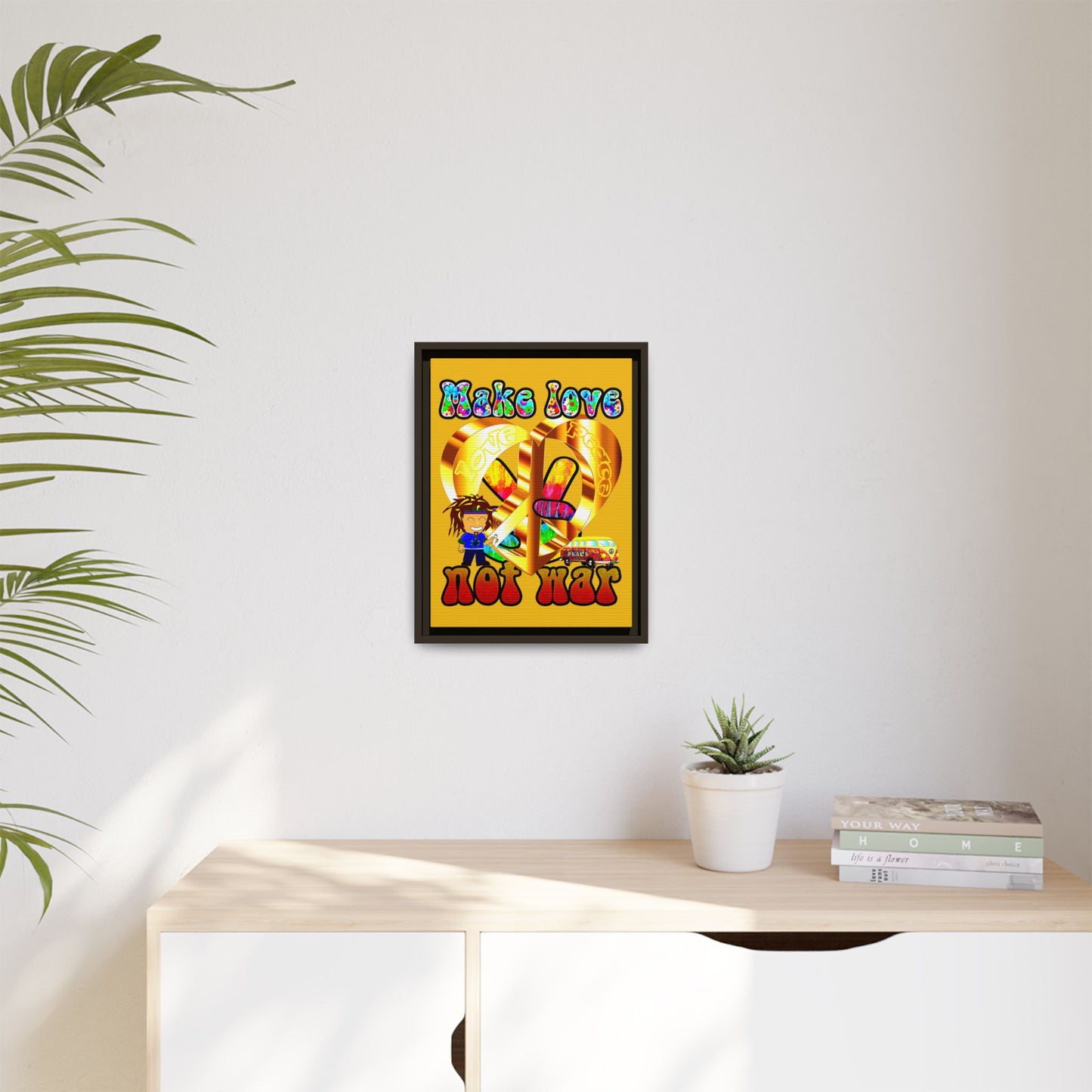 love peace - framed canvas art (yellow)