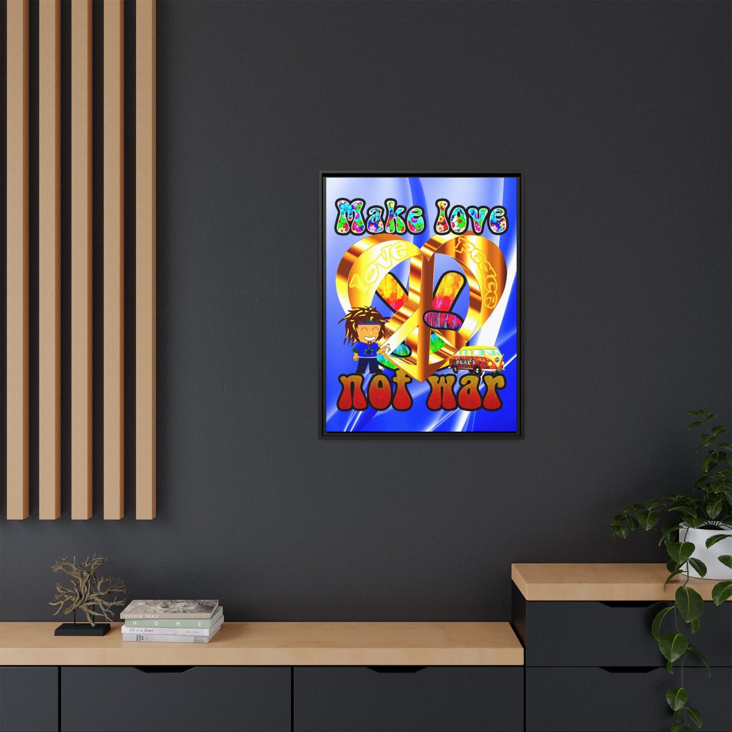 love peace - framed canvas art (blue-white wave)