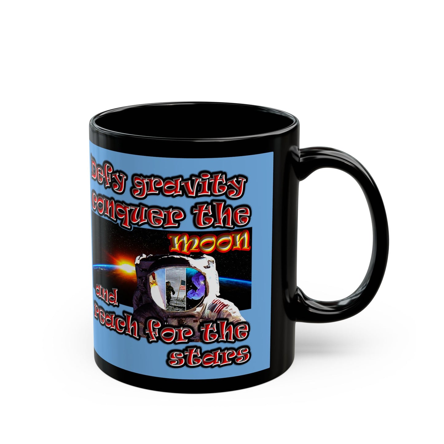 defy conquer reach - Black Mug (light blue)
