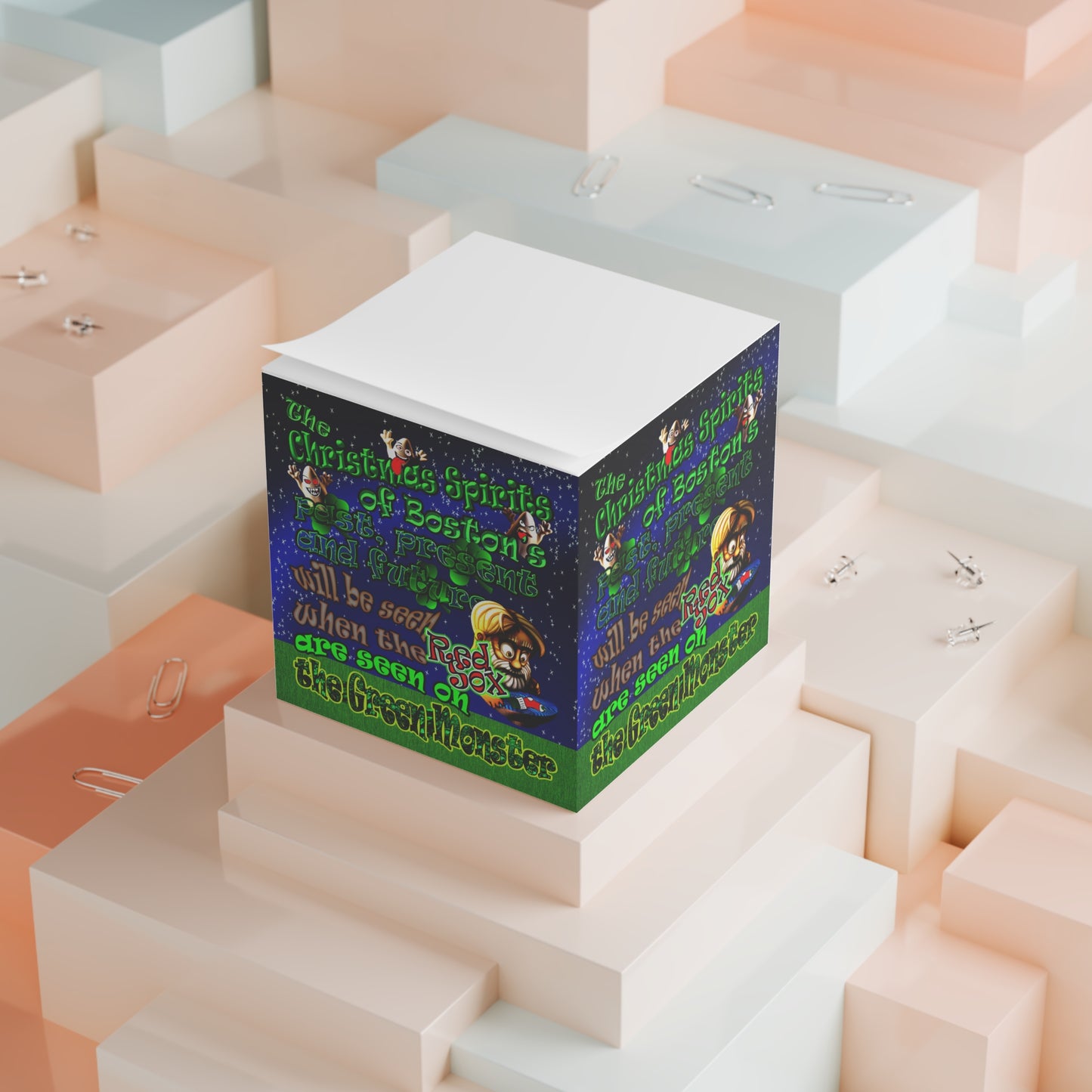 christmas spirits of boston - note cube ('snoops' background)