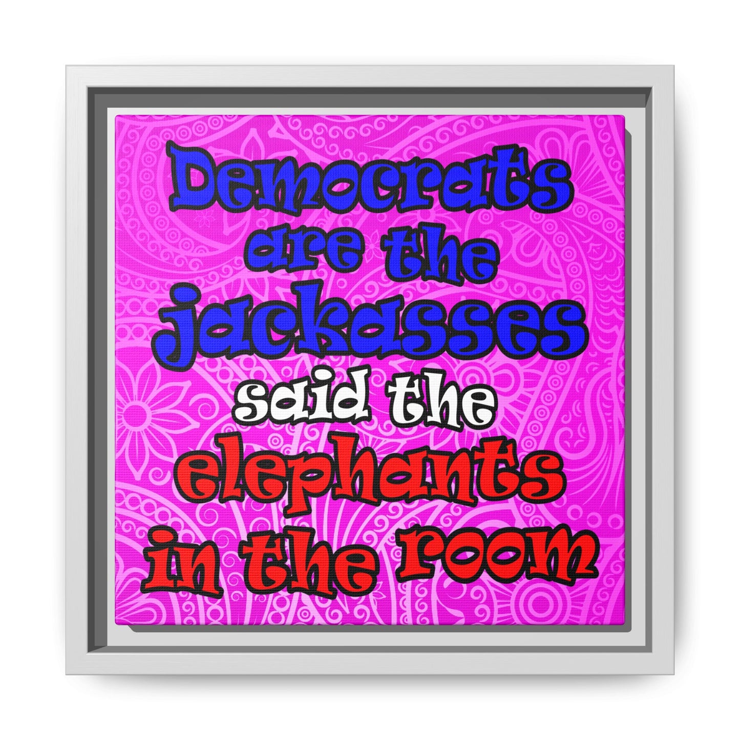 donkeys and elephants - framed canvas art (pink swirl)