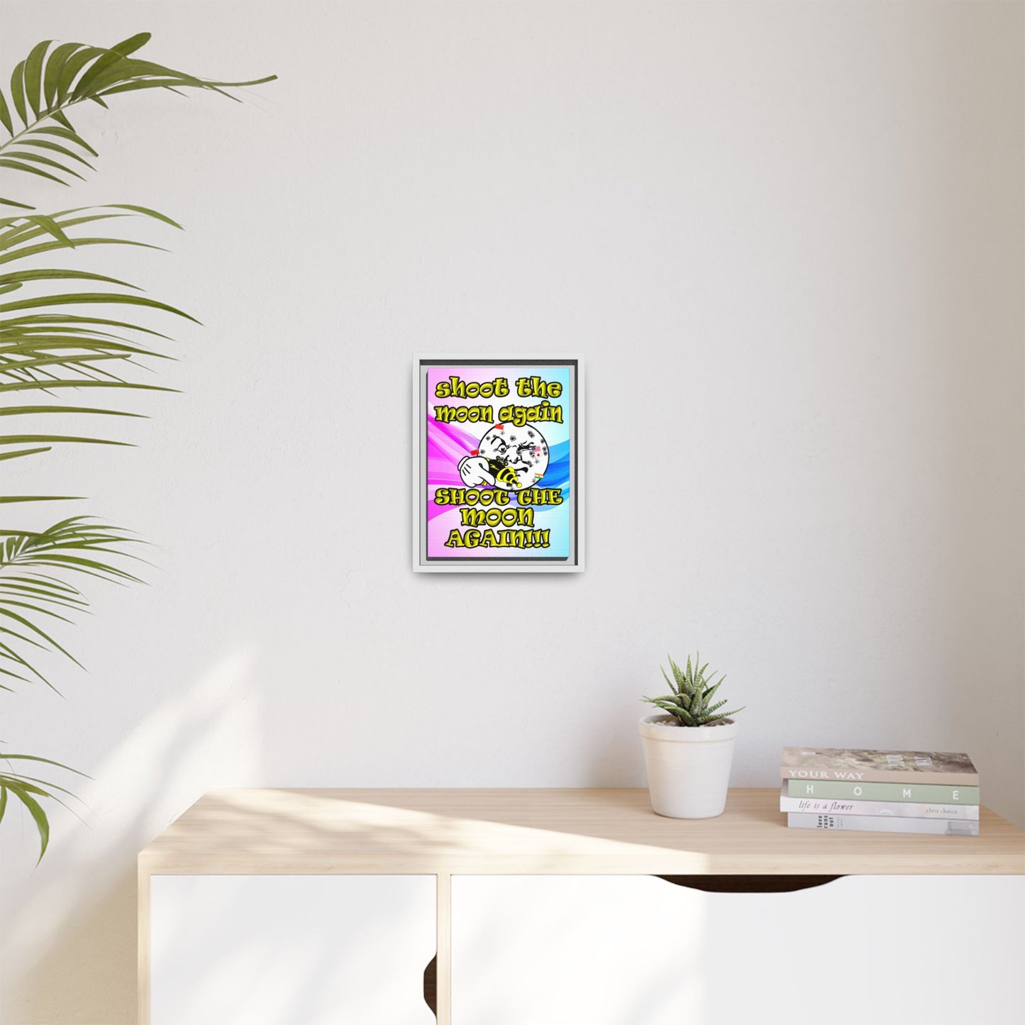 shoot the moon again - framed canvas art (light blue-pink wave)