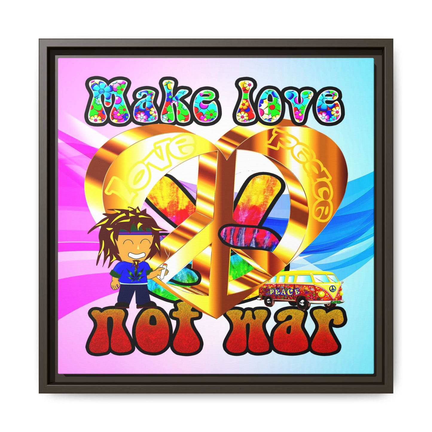 love peace - framed canvas art (light blue-pink wave)