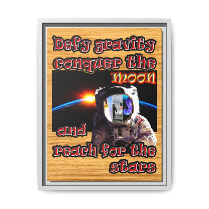defy conquer reach - framed canvas art (butterscotch wood finish)