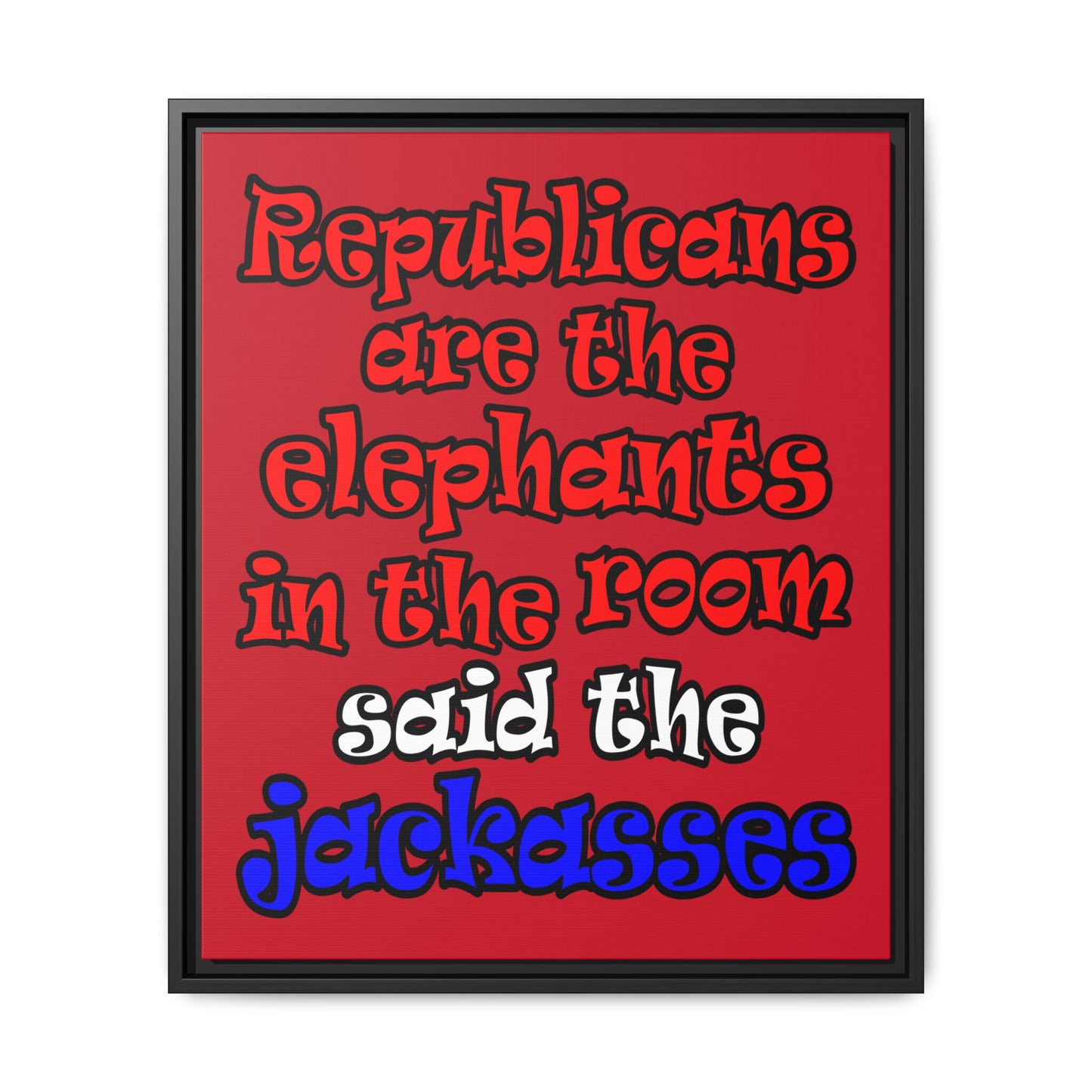 donkeys and elephants - framed canvas art (dark red)