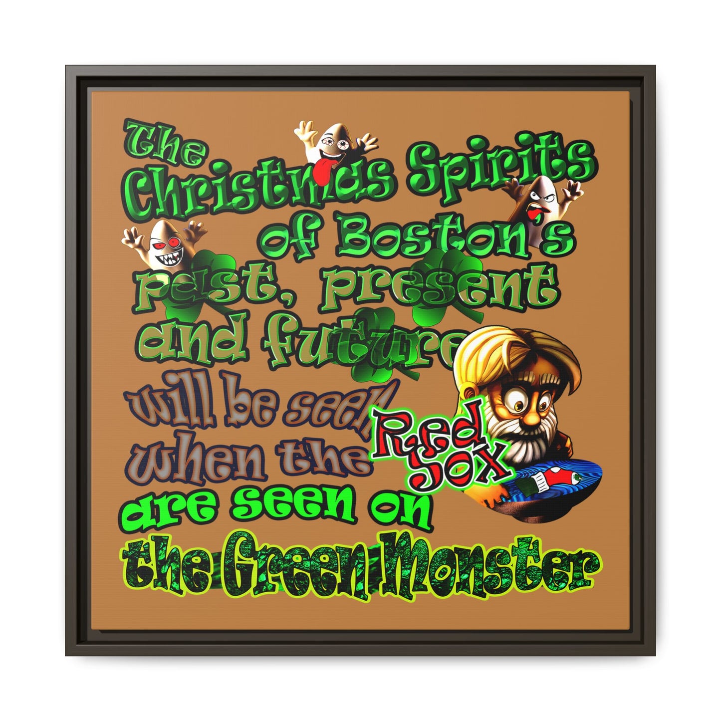 christmas spirits of boston - framed canvas art (light brown)
