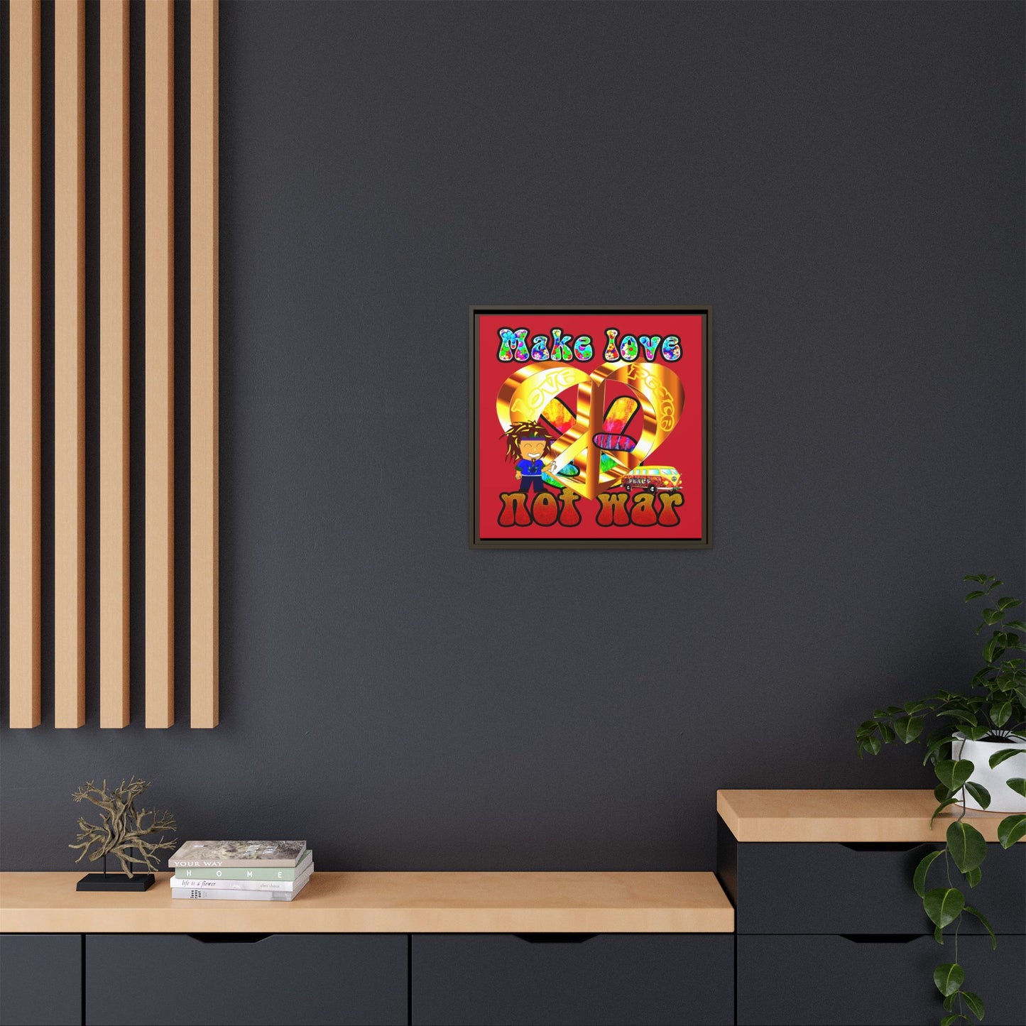 love peace - framed canvas art (dark red)
