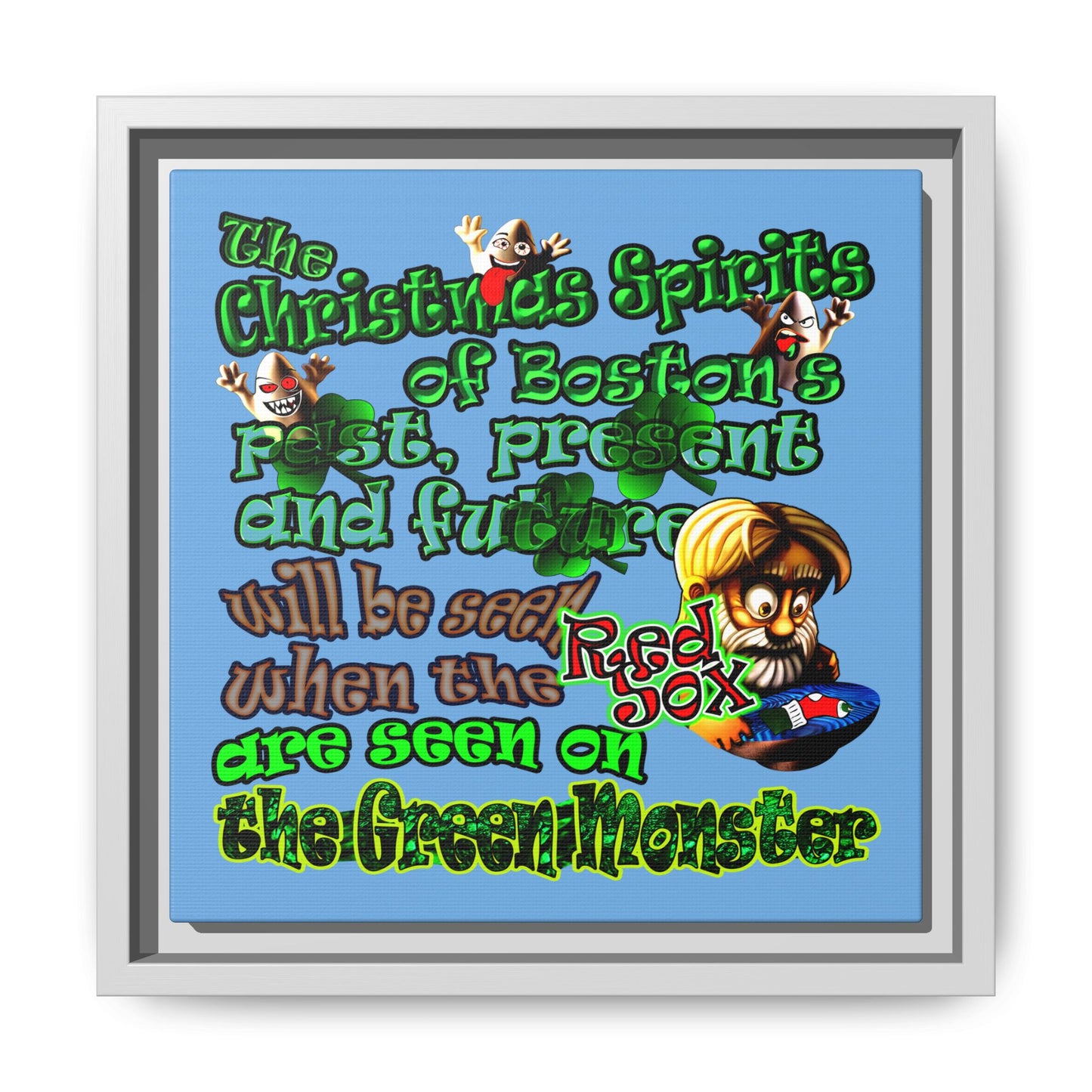 christmas spirits of boston - framed canvas art (light blue)