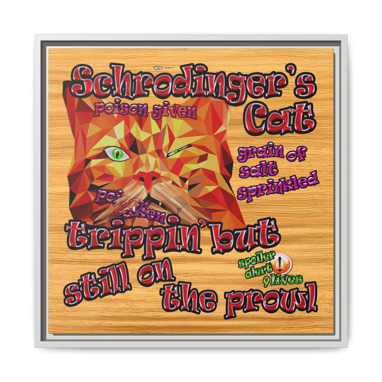 schrodinger's cat - framed canvas art (butterscotch wood finish)