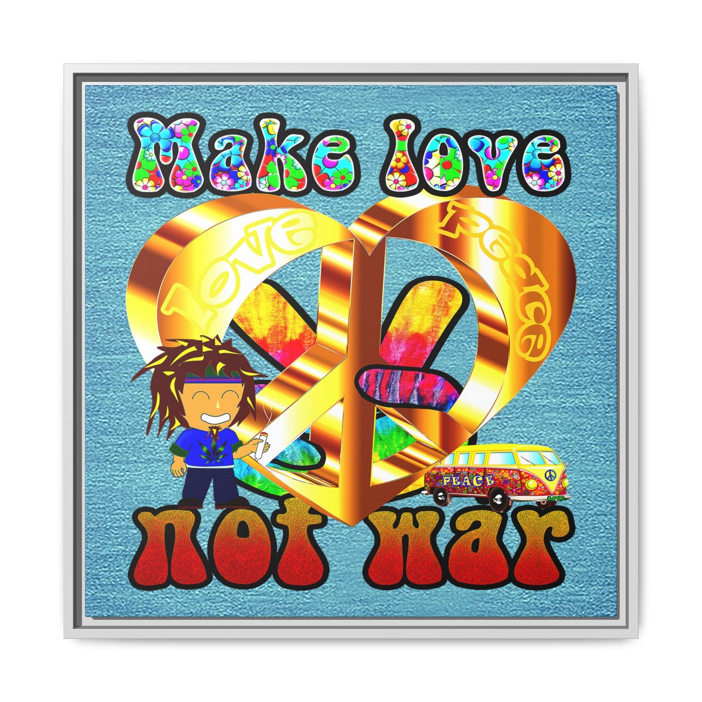 love peace - framed canvas art (faded blue)