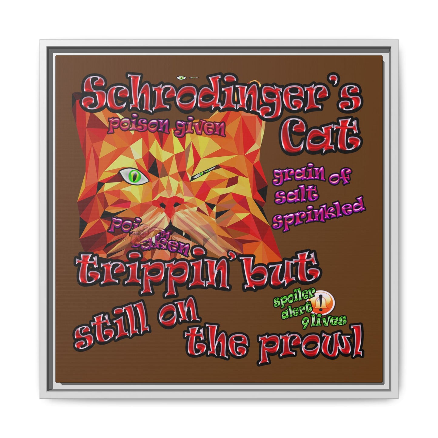 schrodinger's cat - framed canvas art (brown)