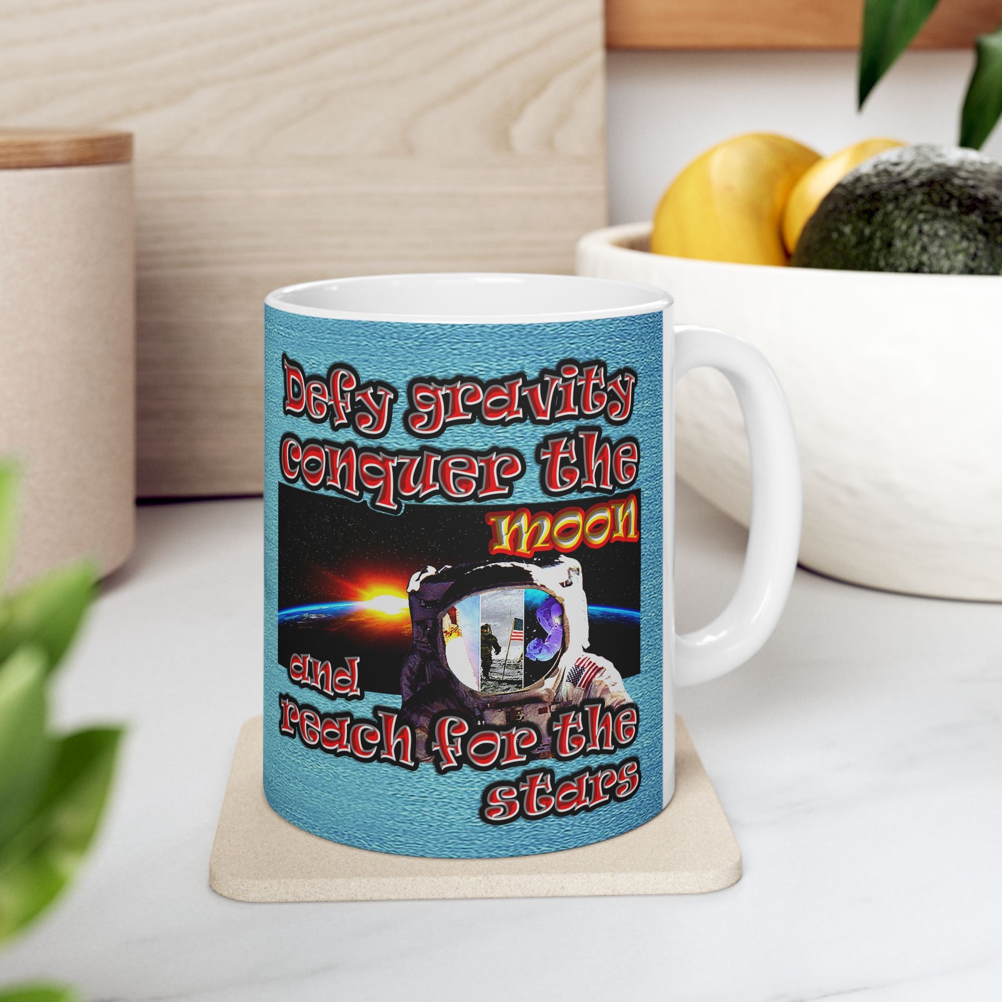 defy conquer reach - White Mug (faded blue)