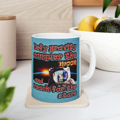 defy conquer reach - White Mug (faded blue)