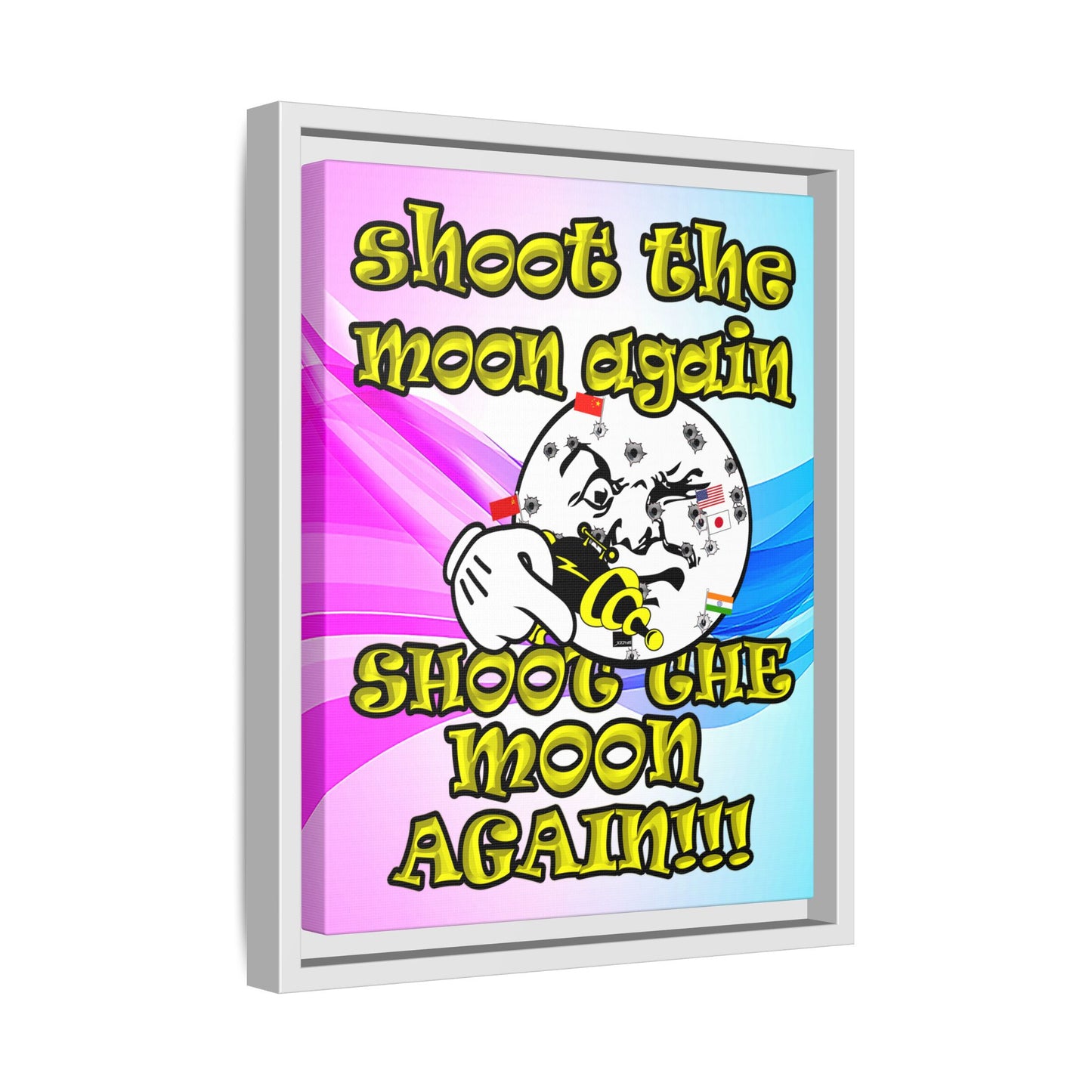 shoot the moon again - framed canvas art (light blue-pink wave)