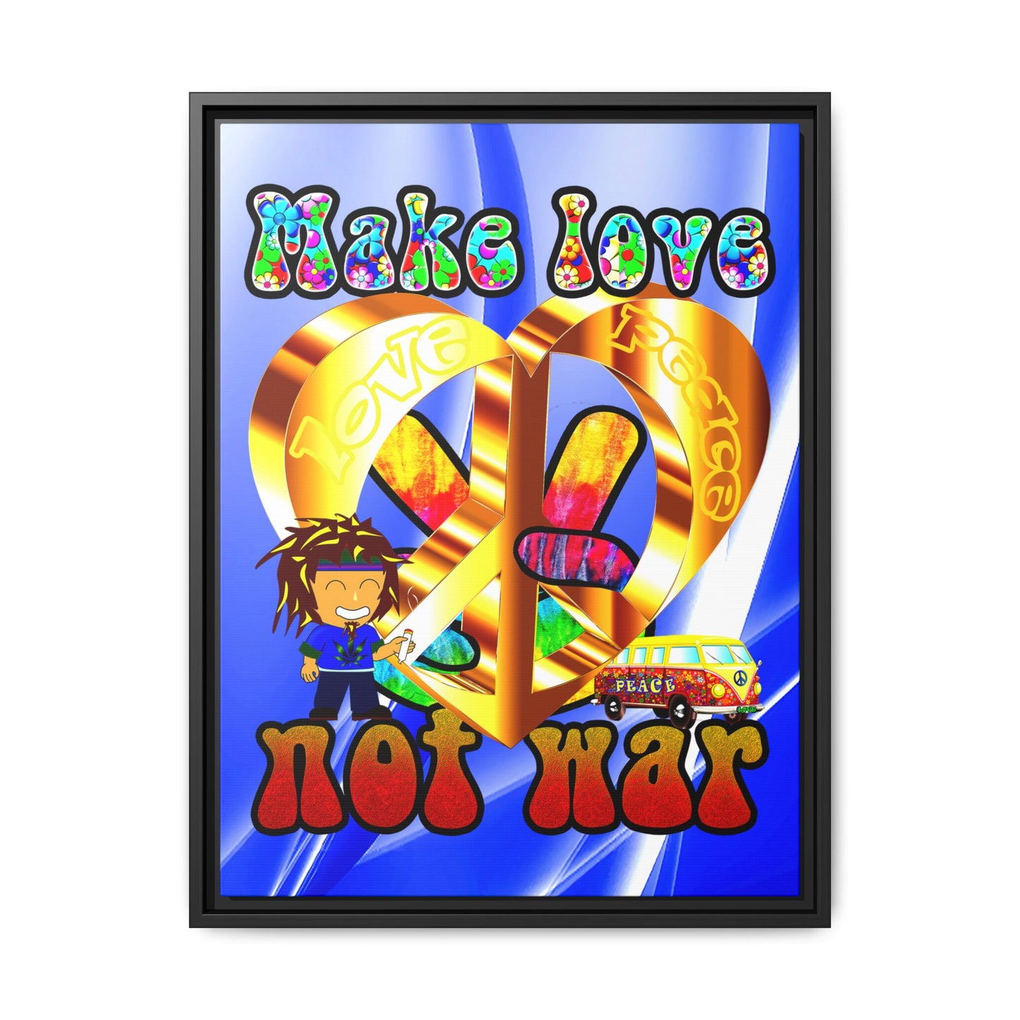 love peace - framed canvas art (blue-white wave)