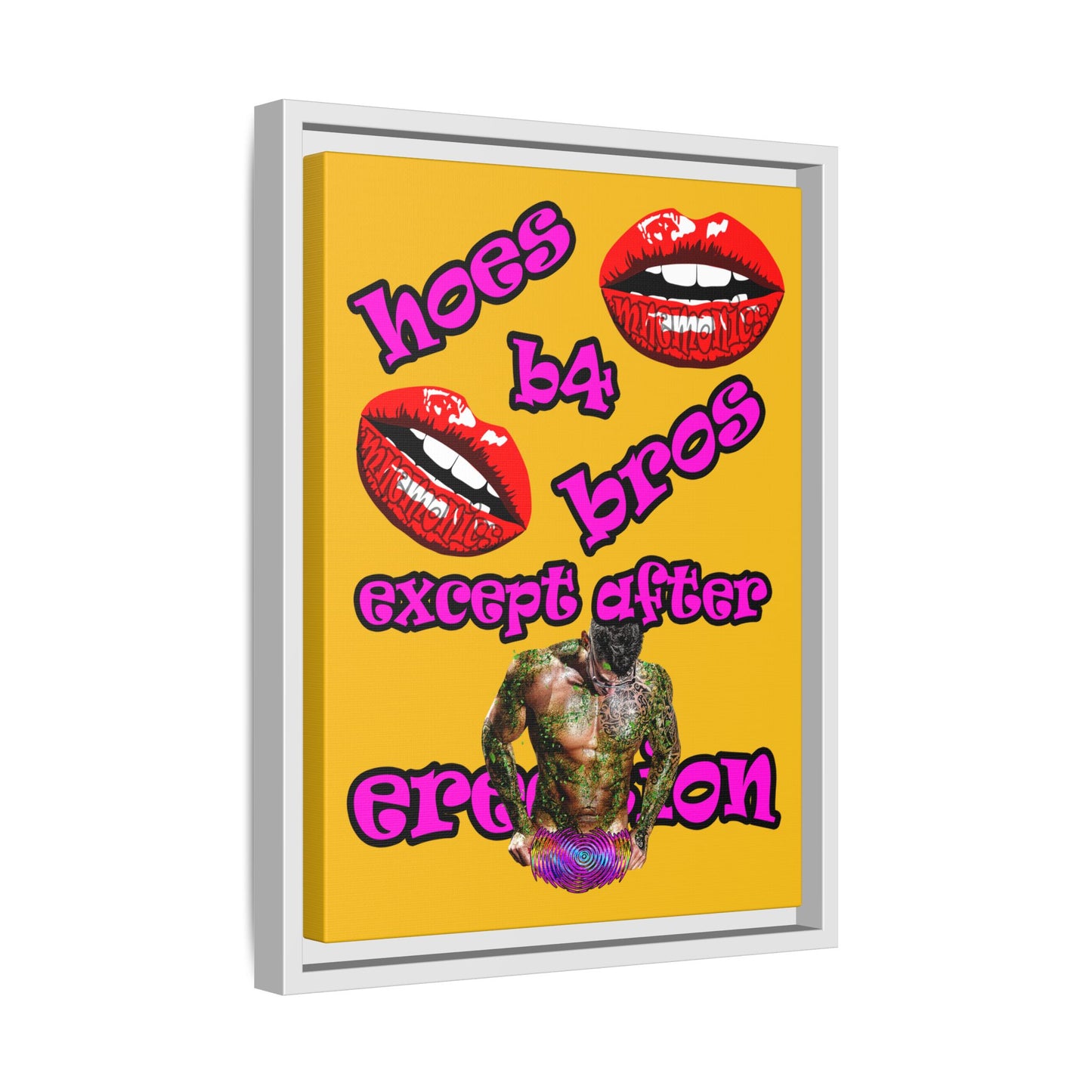 hoes b4 bros - framed canvas art (yellow)