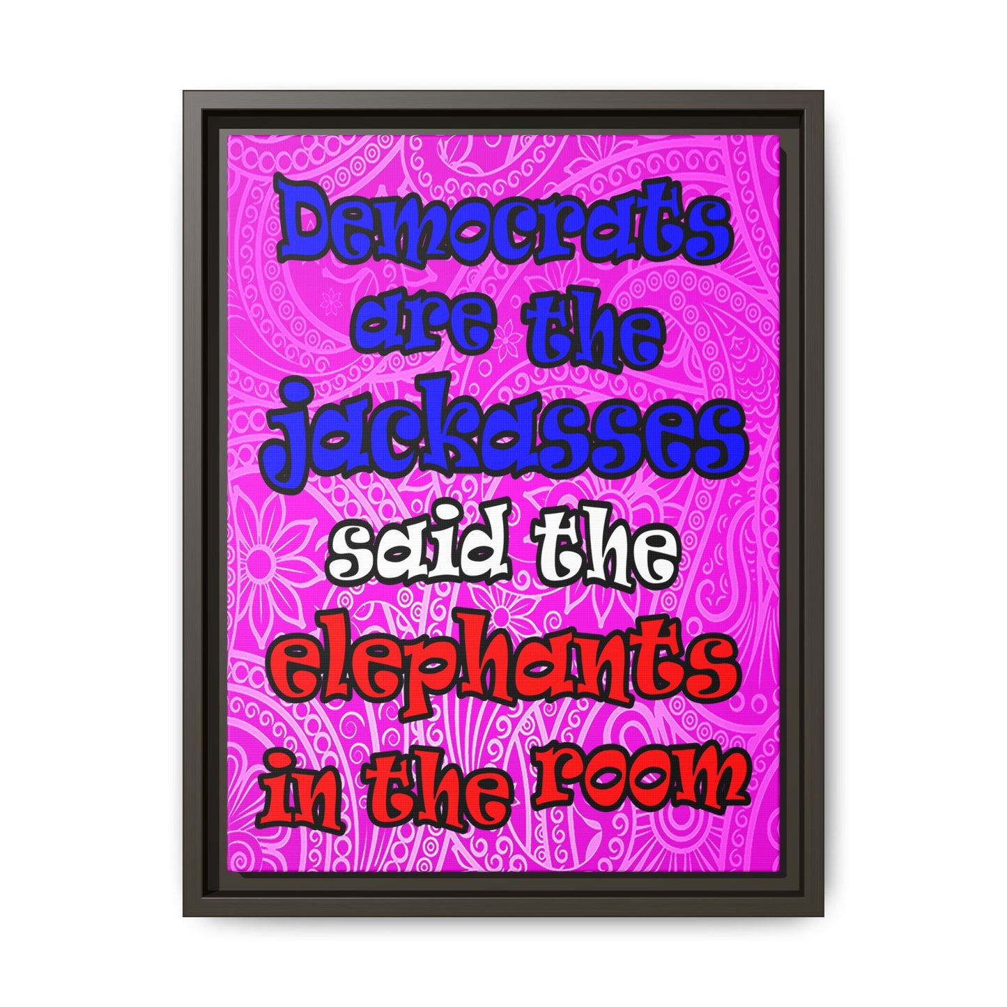 donkeys and elephants - framed canvas art (pink swirl)