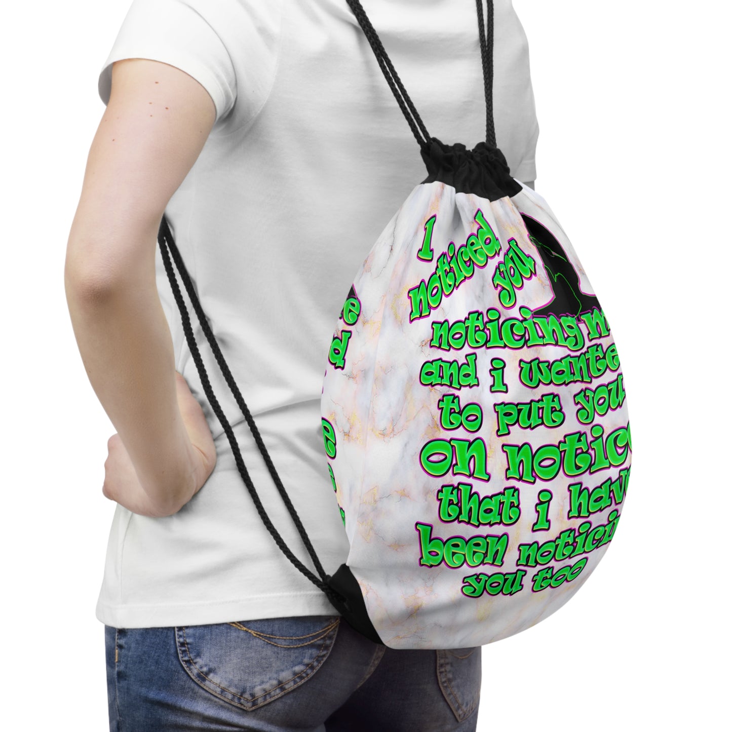 noticed you noticing - Drawstring Bag (white marble)
