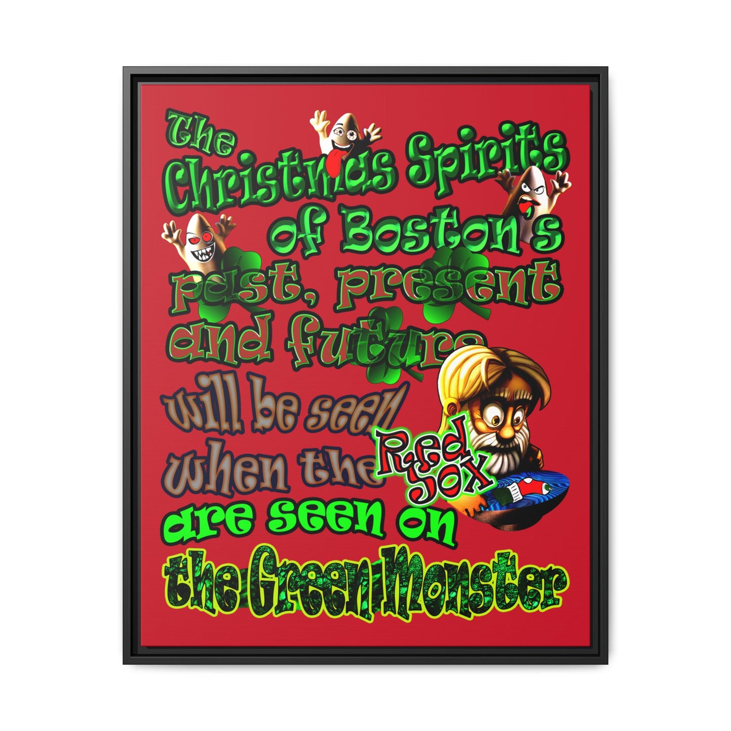 christmas spirits of boston - framed canvas art (dark red)