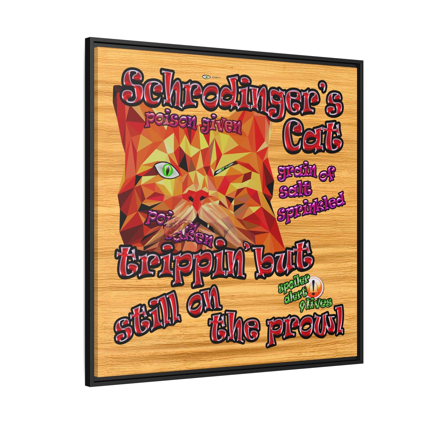 schrodinger's cat - framed canvas art (butterscotch wood finish)