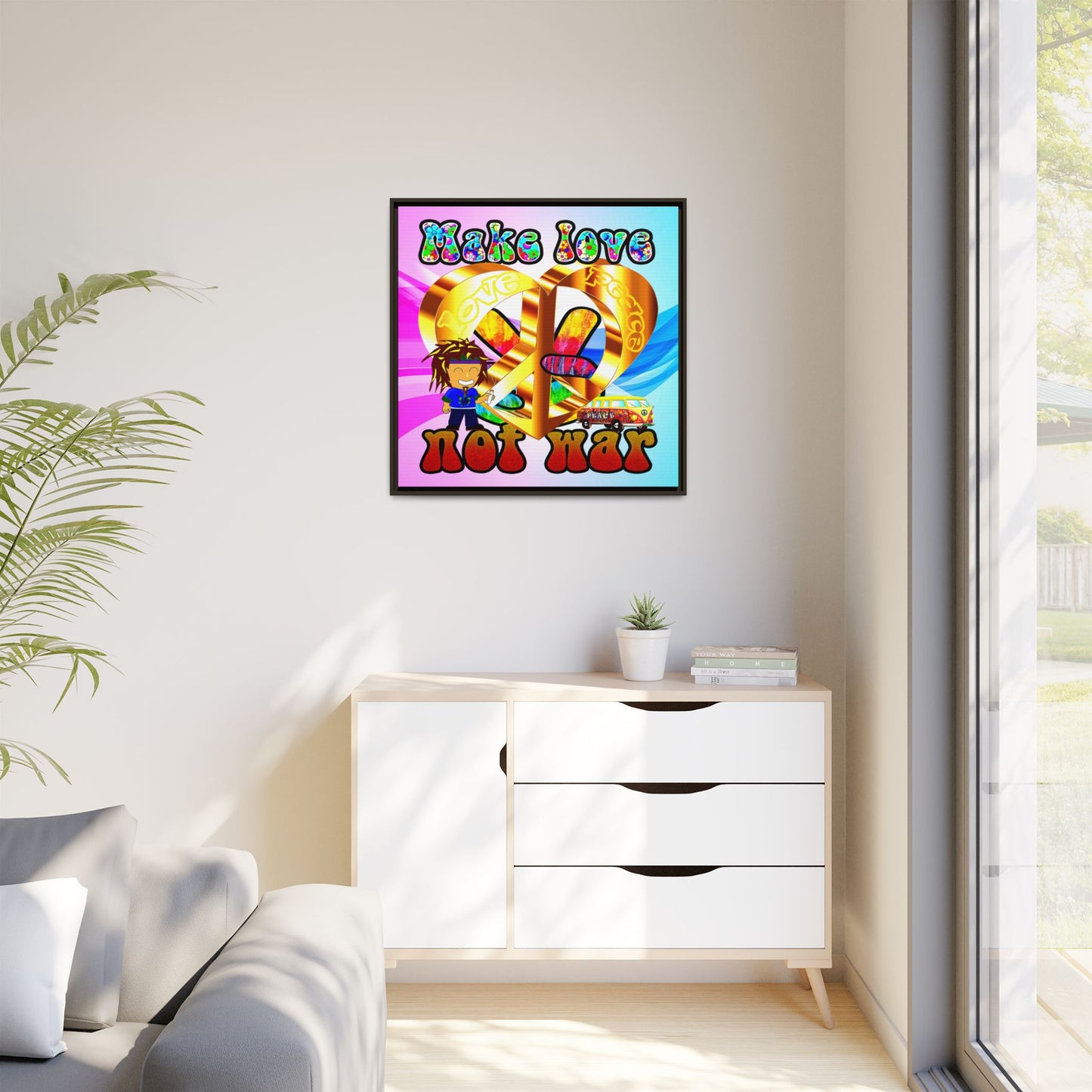 love peace - framed canvas art (light blue-pink wave)