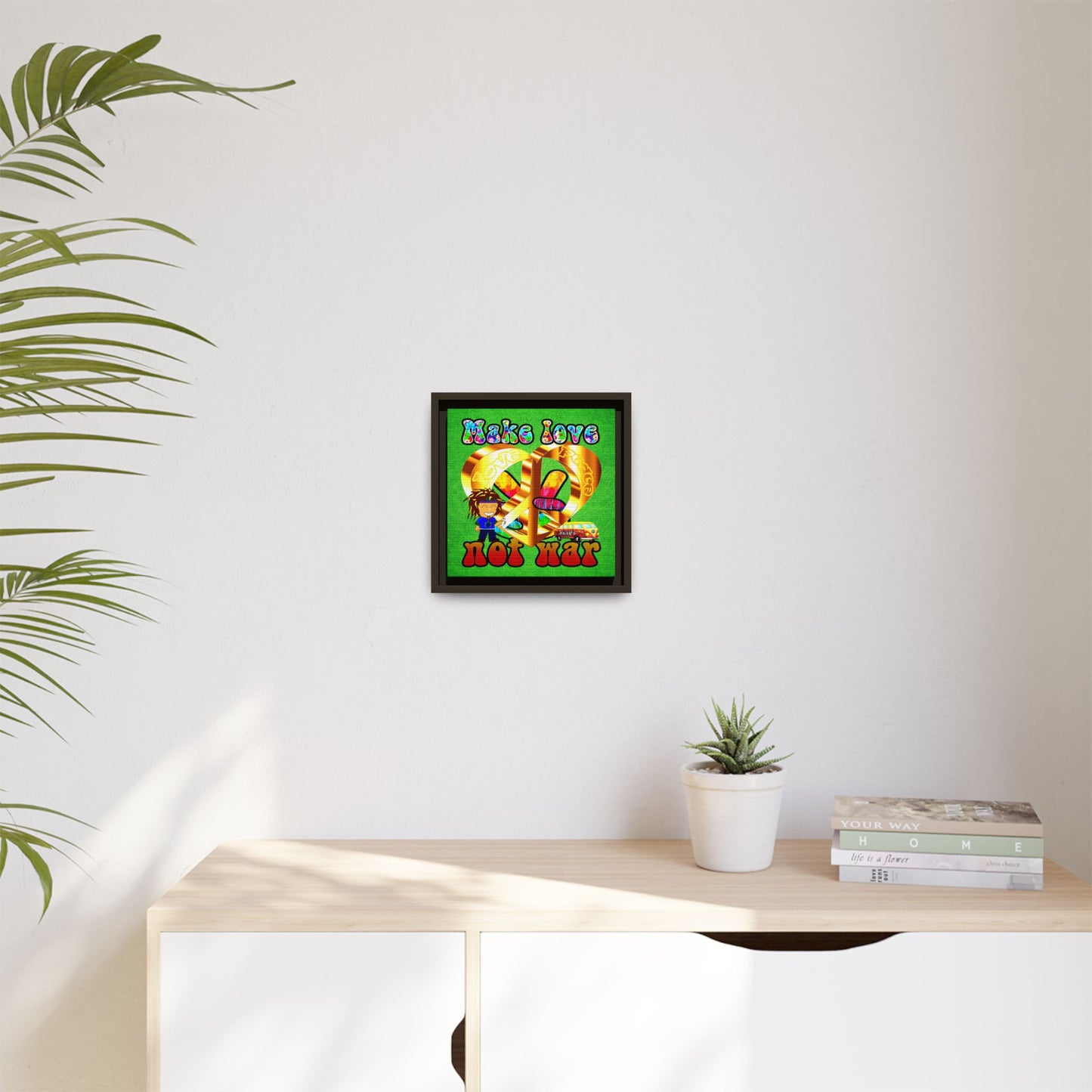 love peace - framed canvas art (green turf)