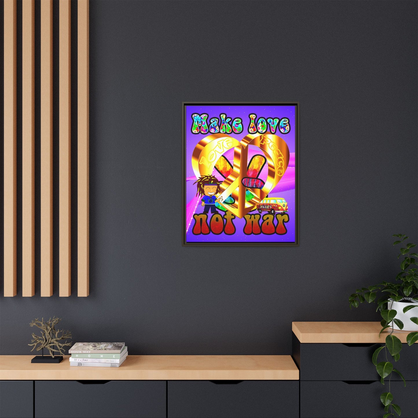love peace - framed canvas art (purple-pink wave)