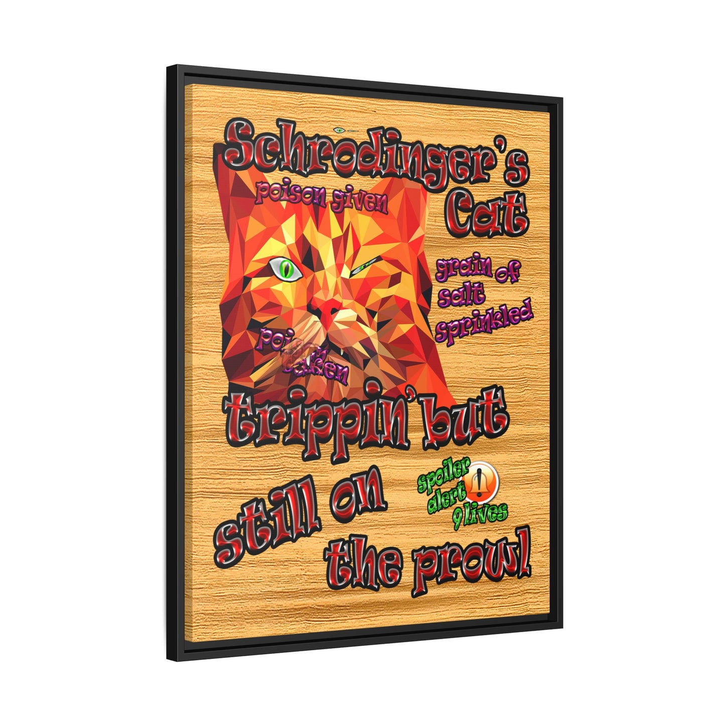 schrodinger's cat - framed canvas art (butterscotch wood finish)