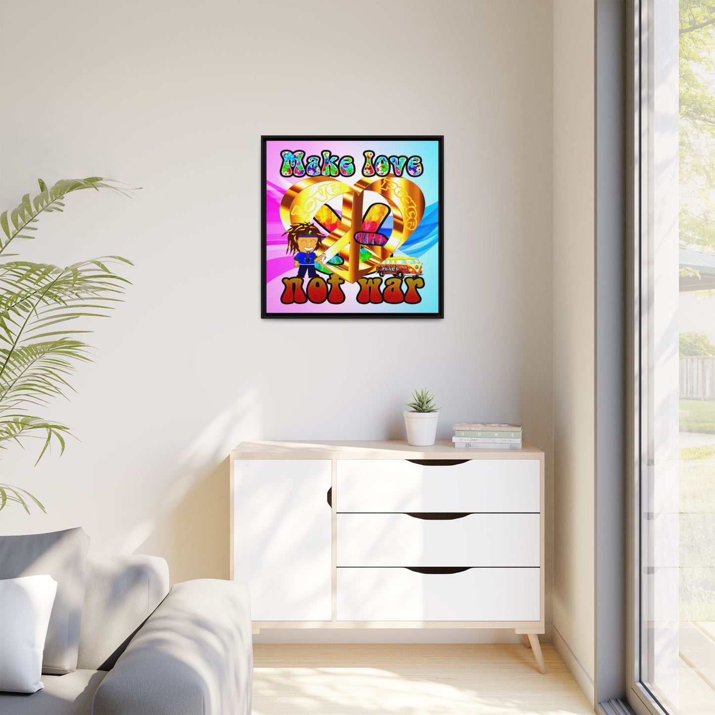 love peace - framed canvas art (light blue-pink wave)