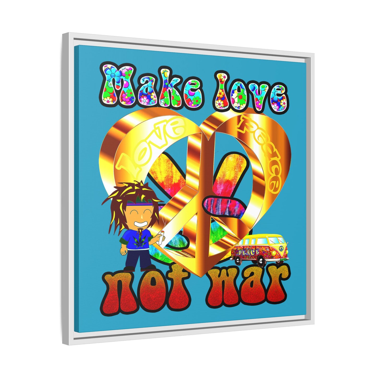 love peace - framed canvas art (turquoise)