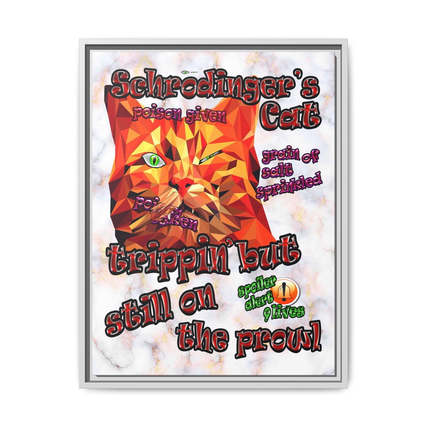 schrodinger's cat - framed canvas art (white marble)