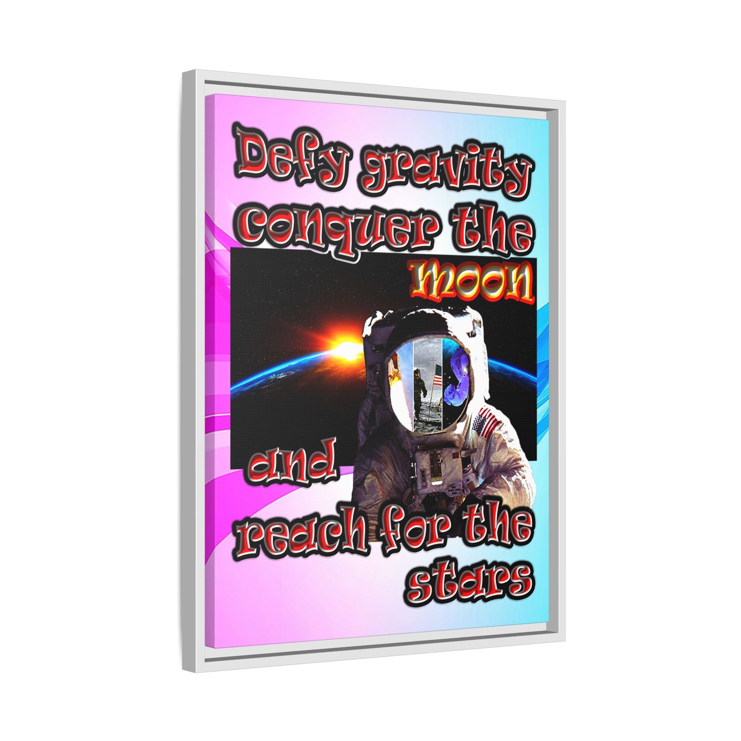 defy conquer reach - framed canvas art (light blue-pink wave)